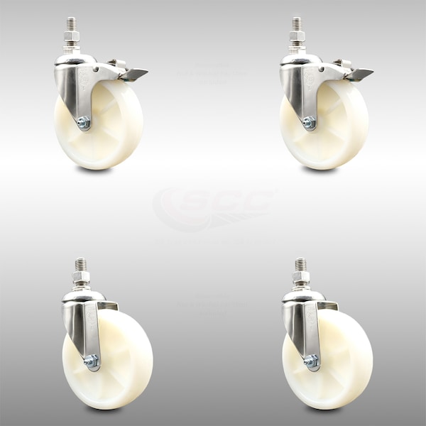 Service Caster 5 Inch 316SS Nylon Wheel Swivel 12mm Threaded Stem Caster Lock Brake, 2PK SCC-SS316TSTTL20S514-NYS-M1215-2-S2 - main
